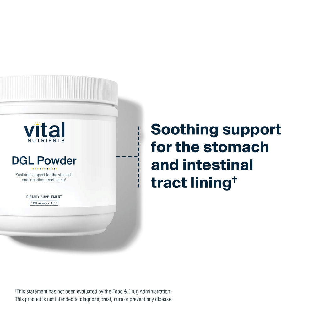 Vital Nutrients DGL powder collection hero showcases vegan, allergy-friendly GI support in routines.