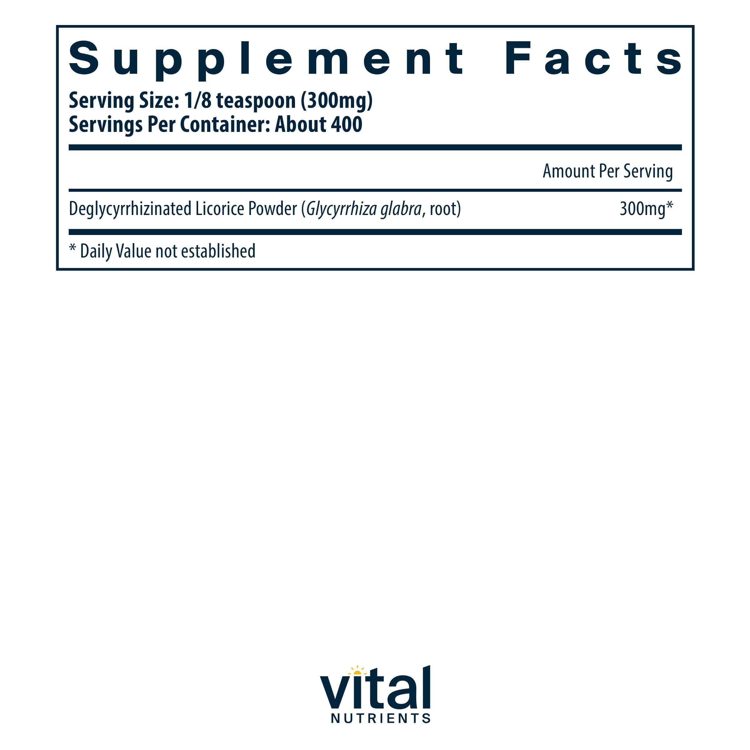 Vital Nutrients DGL powder scoop highlights portion control for gentle GI support.