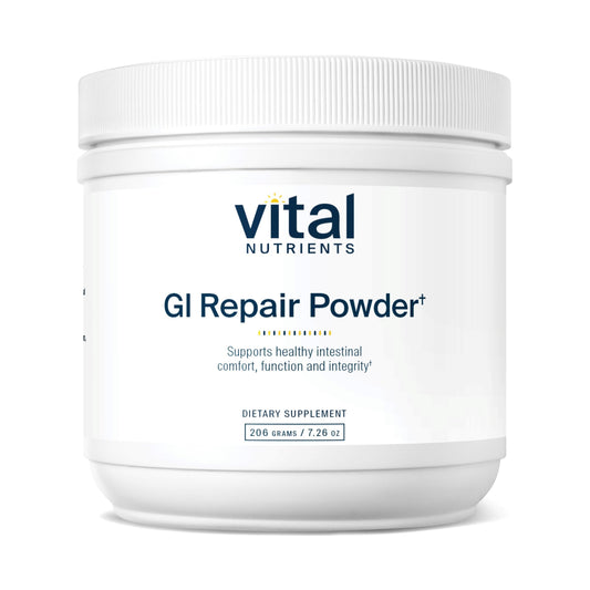 Vital Nutrients GI Repair Powder bottle showing gluten-free formula for gut support.
