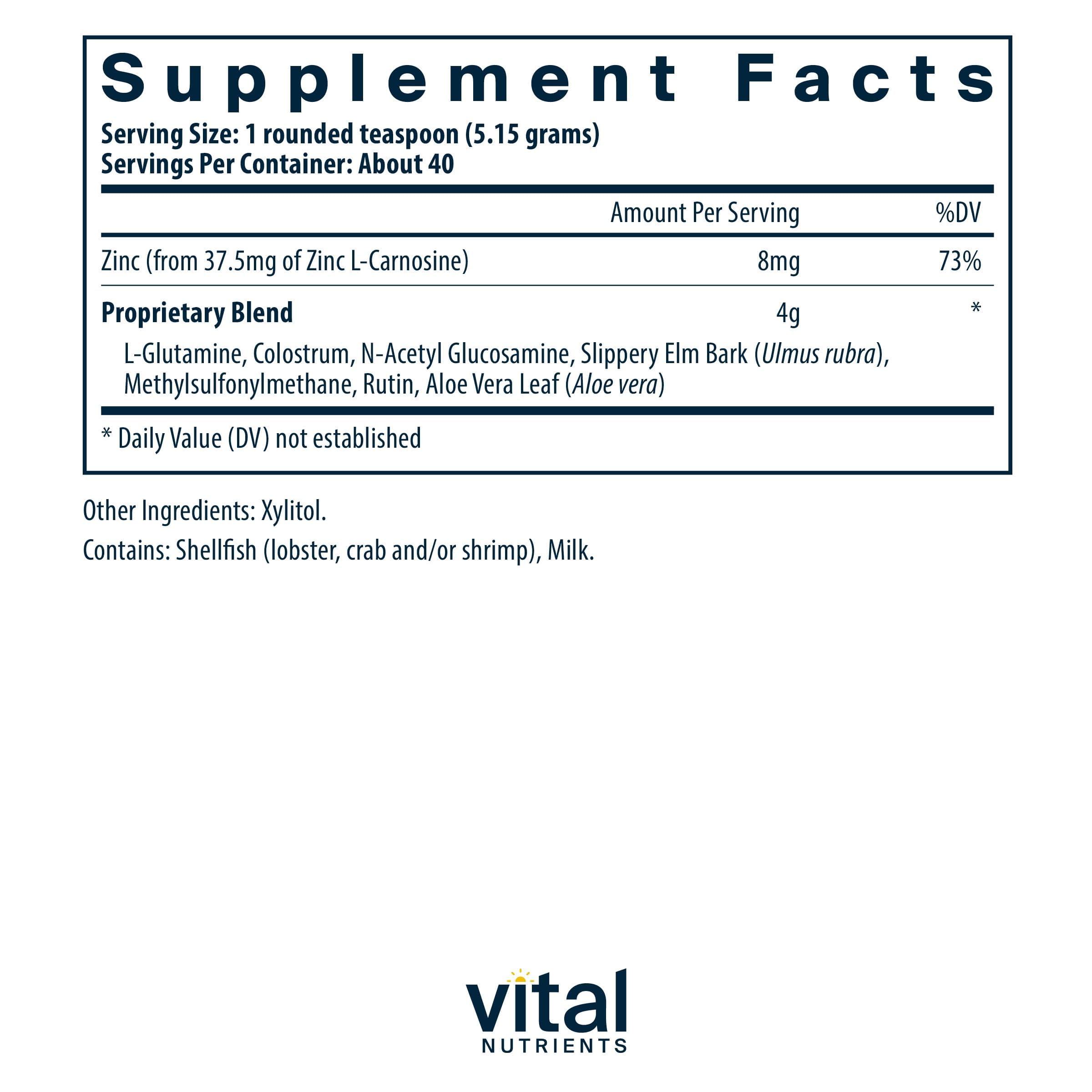 Vital Nutrients GI Repair Powder label highlighting L-glutamine and zinc benefits.
