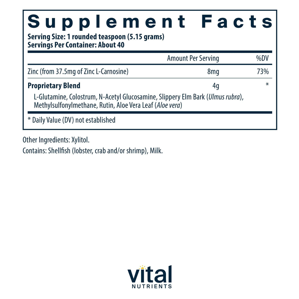 Vital Nutrients GI Repair Powder label highlighting L-glutamine and zinc benefits.