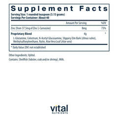 Vital Nutrients GI Repair Powder label highlighting L-glutamine and zinc benefits.
