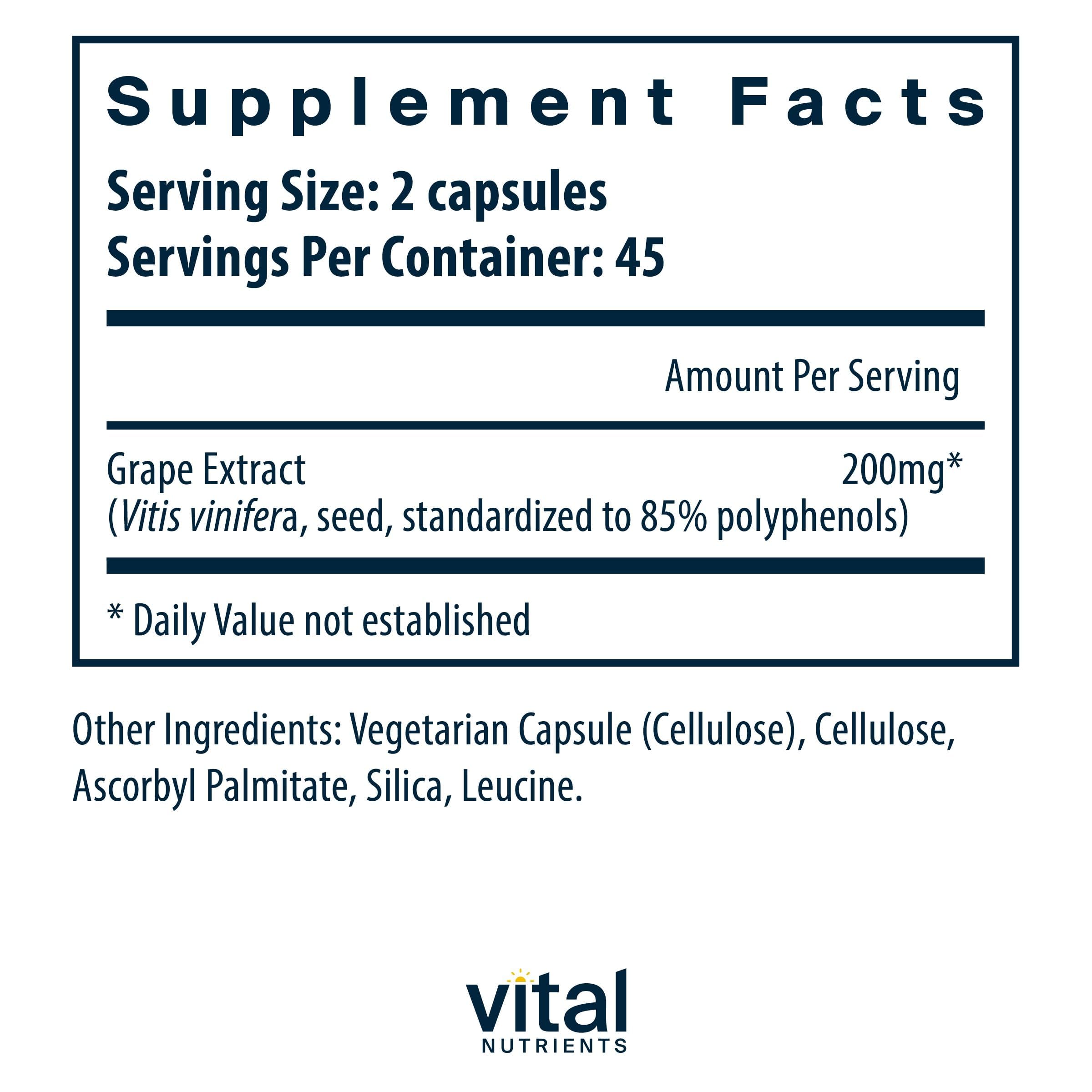 Vital Nutrients Grape Seed Extract capsules pack shot highlighting gluten-free, non-GMO formula for sensitive diets.