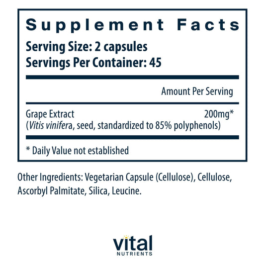 Vital Nutrients Grape Seed Extract capsules pack shot highlighting gluten-free, non-GMO formula for sensitive diets.