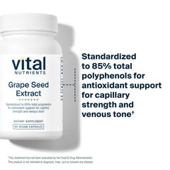 Vital Nutrients Grape Seed Extract ingredients lab analysis image reminding third-party testing for purity.