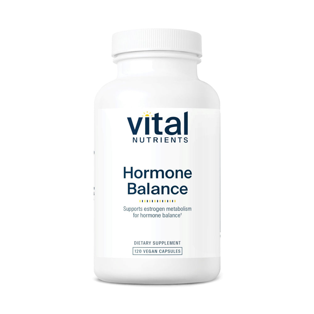 Vital Nutrients Hormone Balance bottle and capsules for vegan DIM support.