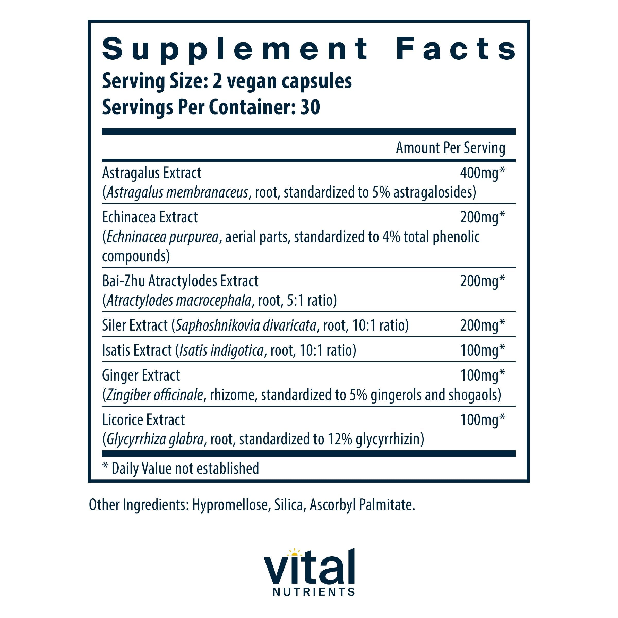 Vital Nutrients Immune Support bottle back label highlights allergen-free gluten-free ingredients