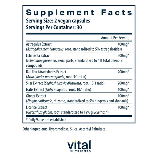 Vital Nutrients Immune Support bottle back label highlights allergen-free gluten-free ingredients