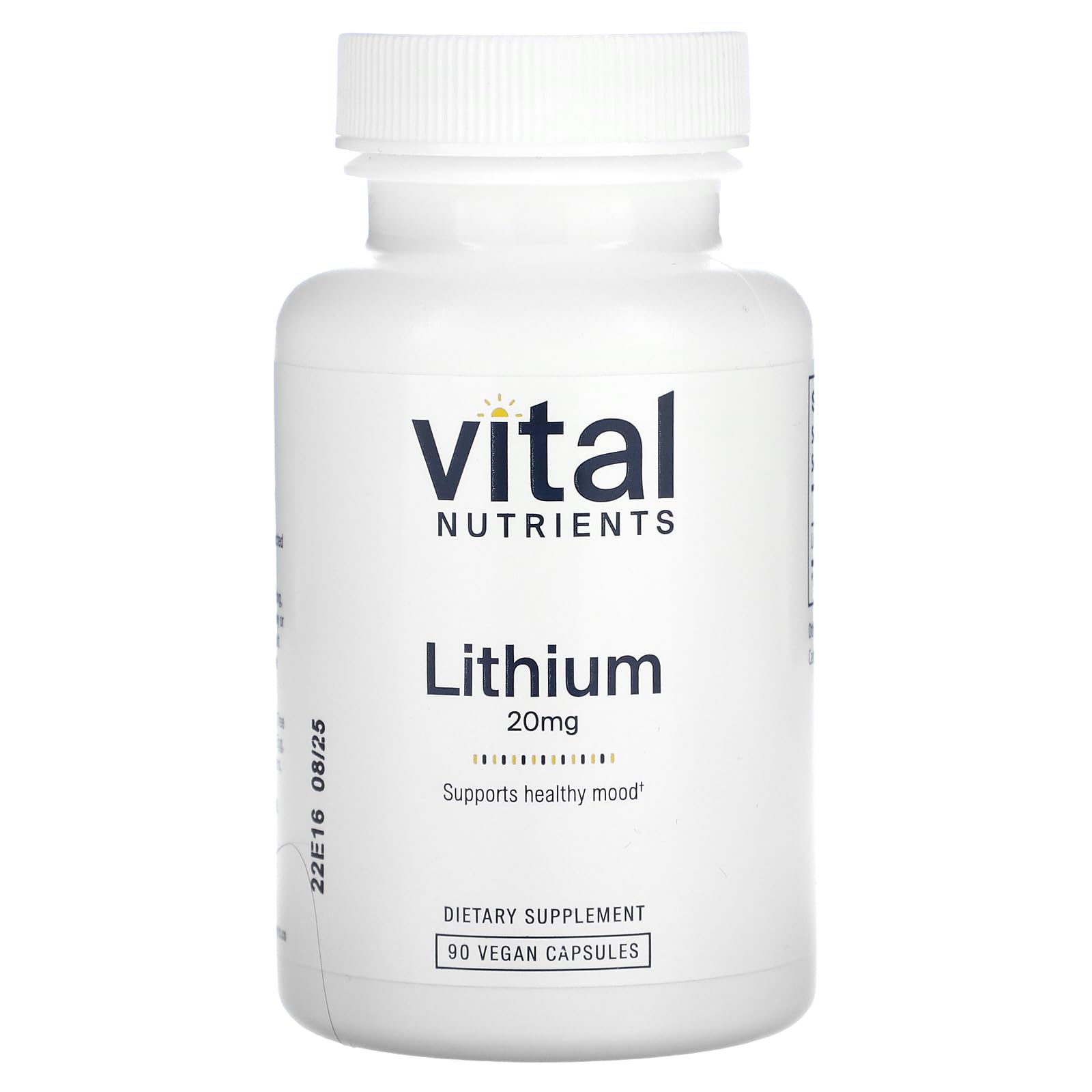 Vital Nutrients Lithium Orotate bottle front showing vegan 20 mg formula for potential brain balance.