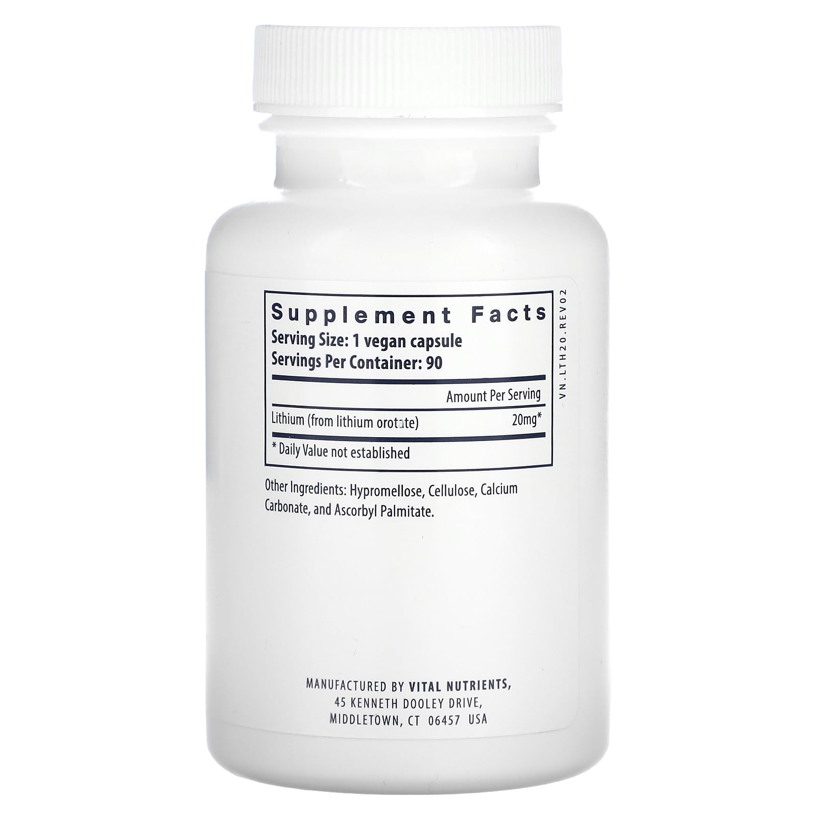 Vital Nutrients Lithium Orotate capsules close-up, gluten-free vegan supplement for daily mood and focus support.