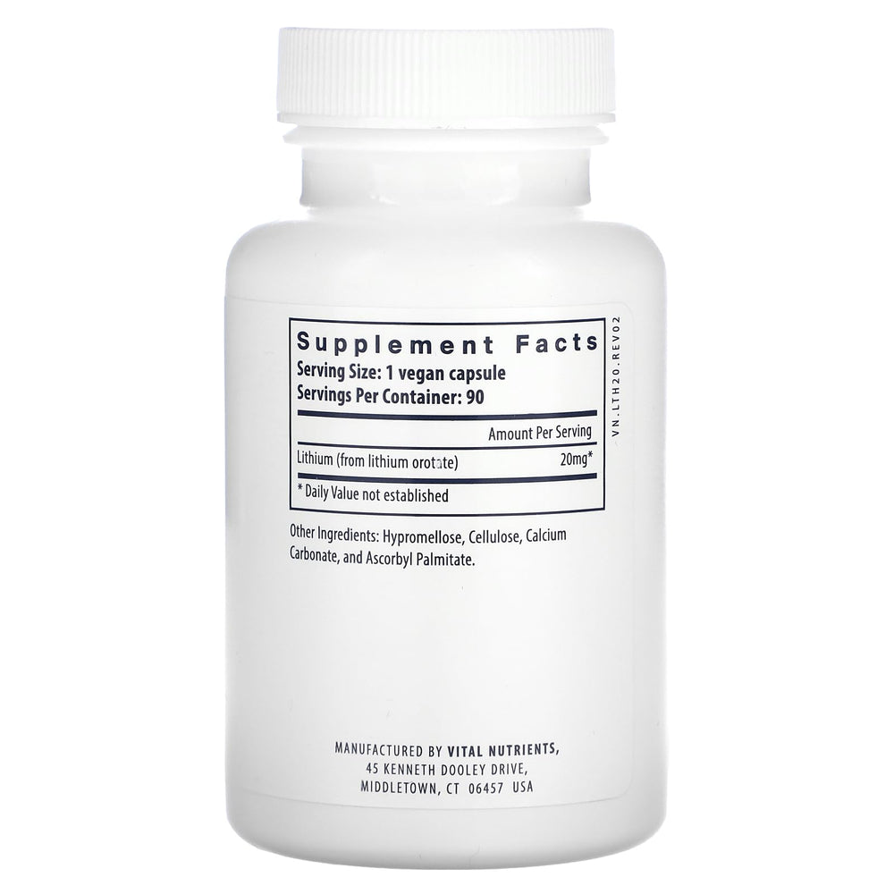 Vital Nutrients Lithium Orotate capsules close-up, gluten-free vegan supplement for daily mood and focus support.