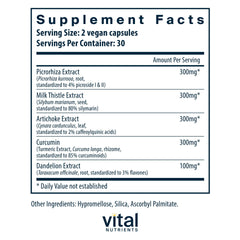 Vital Nutrients Liver Support II bottle-label highlights vegan, gluten-free formula for inclusive use
