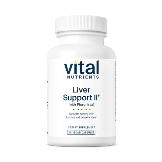 Vital Nutrients Liver Support II bottle shows herbal blend to support normal liver function for daily wellness