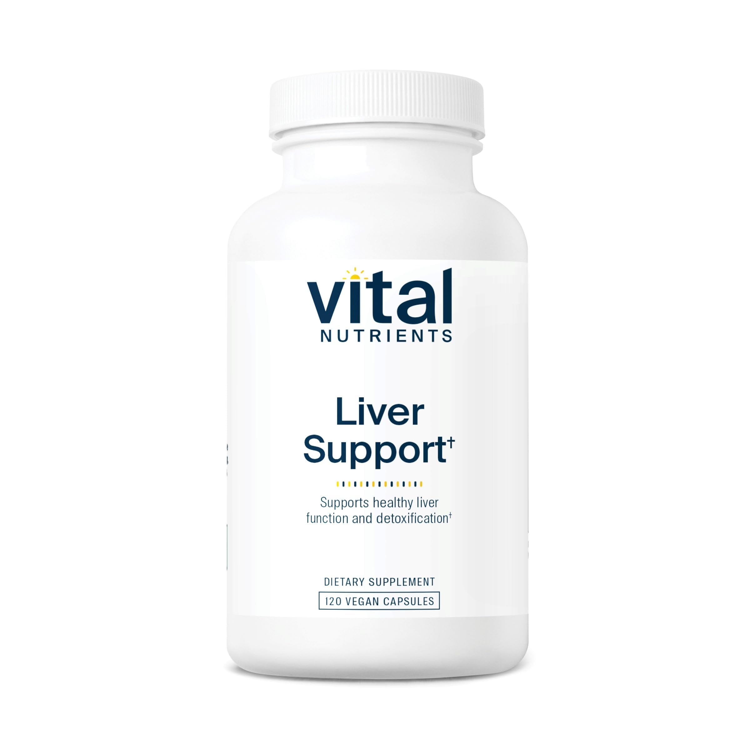 Vital Nutrients Liver Support bottle with label highlighting liver health benefits.