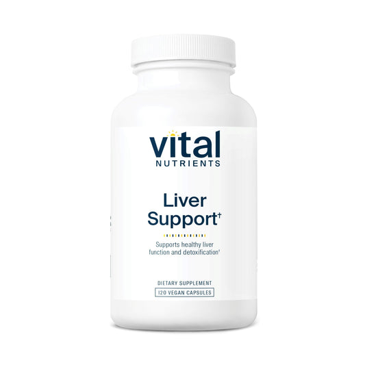 Vital Nutrients Liver Support bottle with label highlighting liver health benefits.