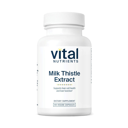 Vital Nutrients milk thistle bottle close-up with 250mg dose for liver support
