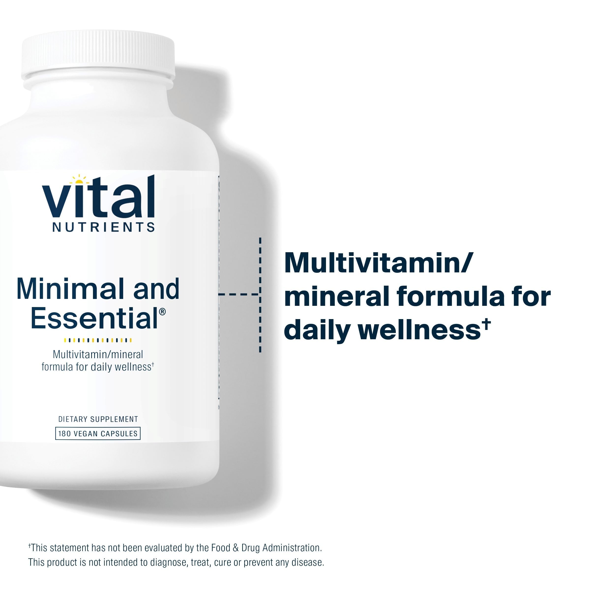 Vital Nutrients Minimal and Essential bottle label highlights iron-free nutrition for vegetarians