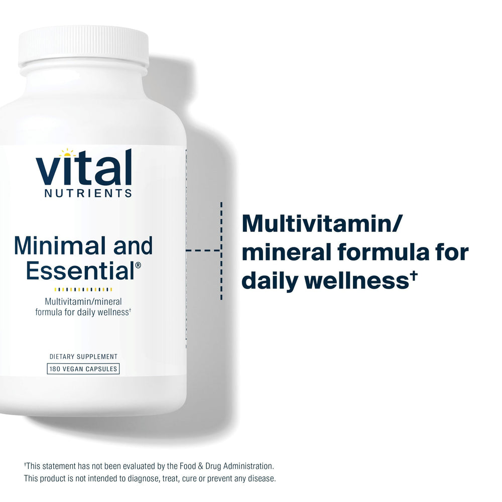 Vital Nutrients Minimal and Essential bottle label highlights iron-free nutrition for vegetarians