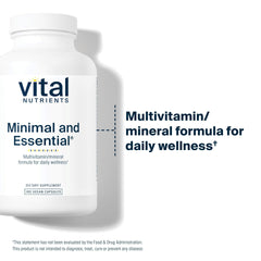 Vital Nutrients Minimal and Essential bottle label highlights iron-free nutrition for vegetarians