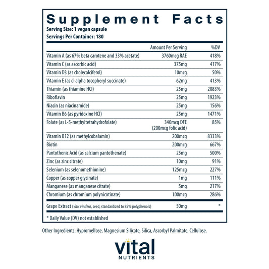 Vital Nutrients Minimal and Essential capsules close-up shows clean hypoallergenic formula for everyday use