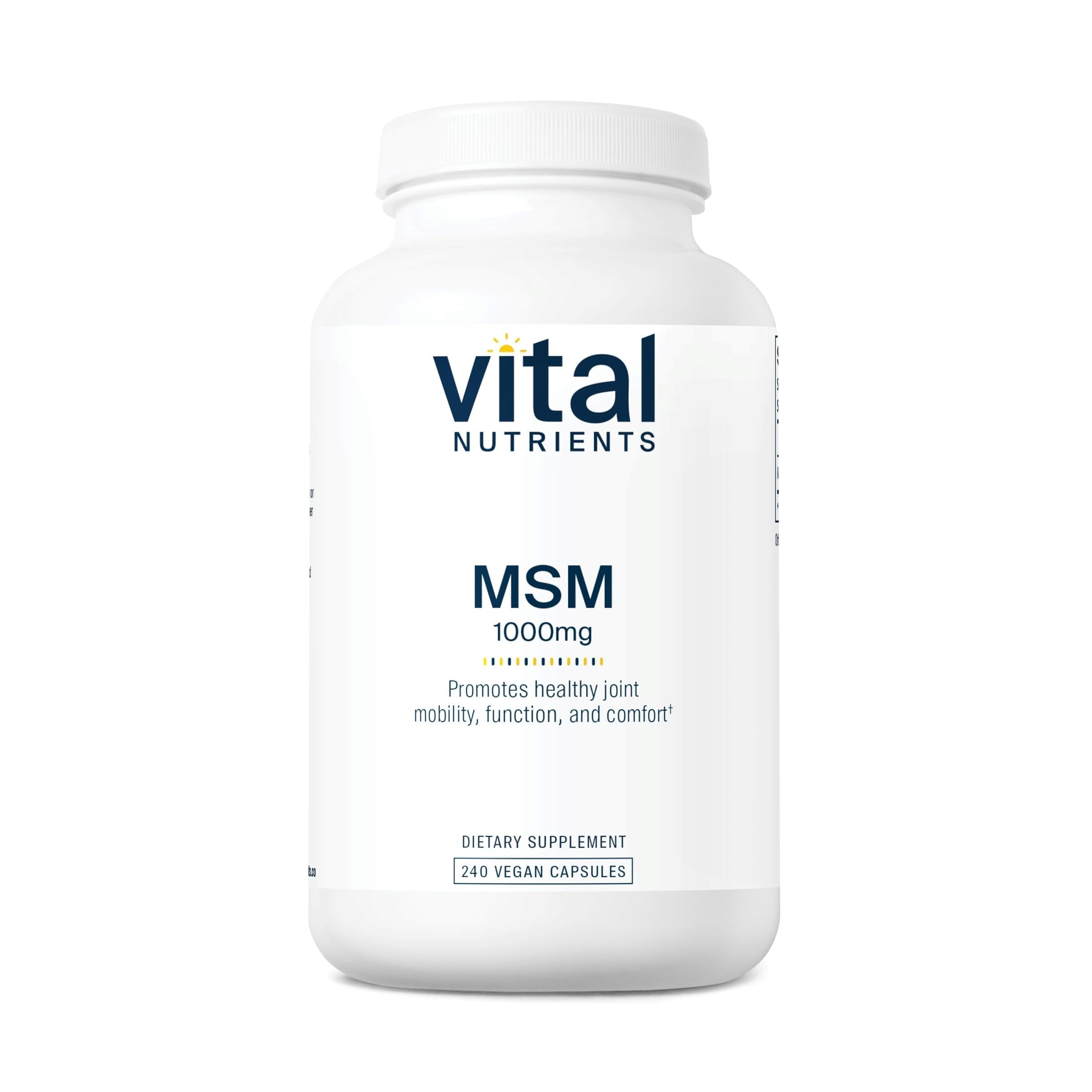 Vital Nutrients MSM 1000mg bottle with capsules for joint support and mobility.