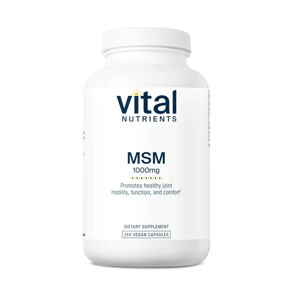 Vital Nutrients MSM 1000mg bottle with capsules for joint support and mobility.