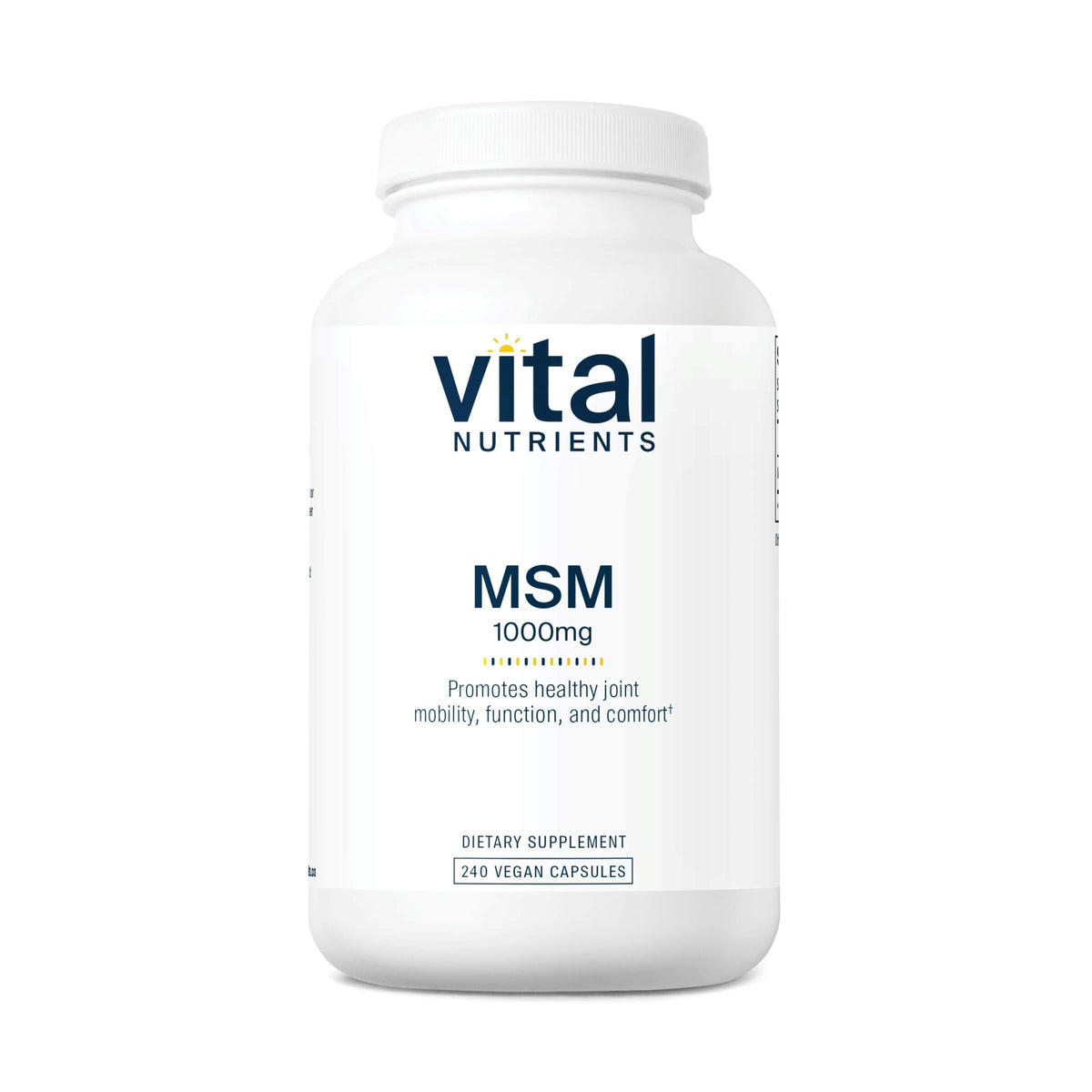 Vital Nutrients MSM 1000mg bottle with capsules for joint support and mobility.