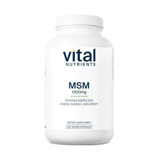 Vital Nutrients MSM 1000mg bottle with capsules for joint support and mobility.