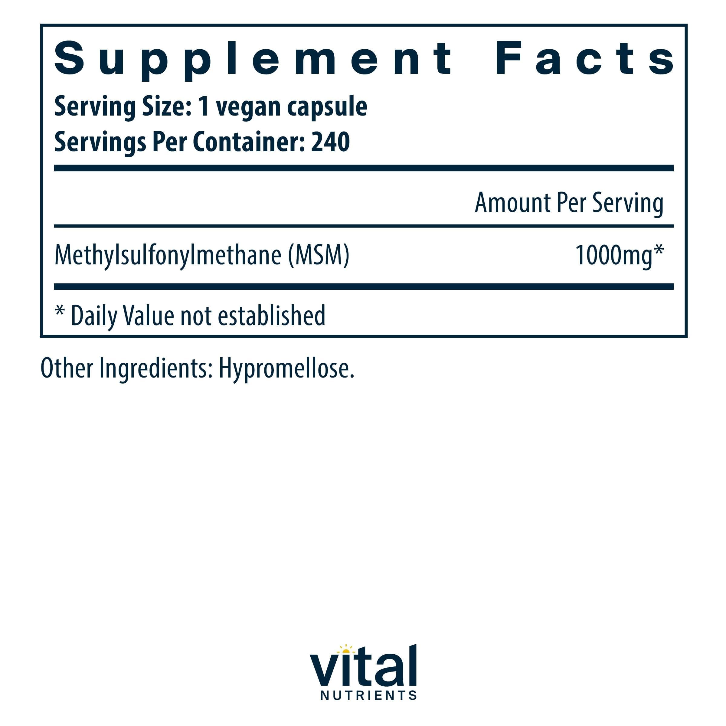 Vital Nutrients MSM capsules close-up highlighting odorless organic sulfur form.