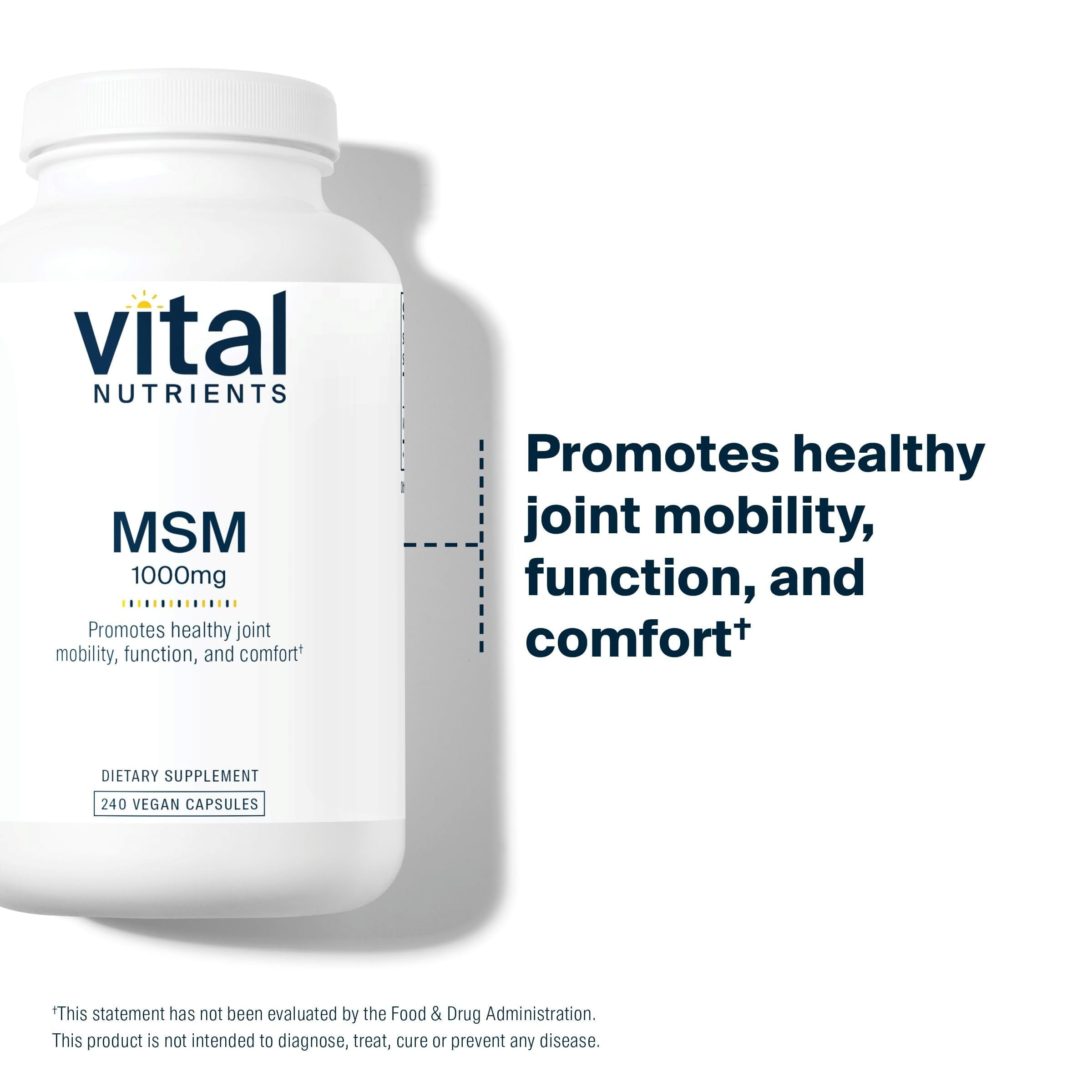 Vital Nutrients MSM bottle shows gluten-free and dairy-free formula.