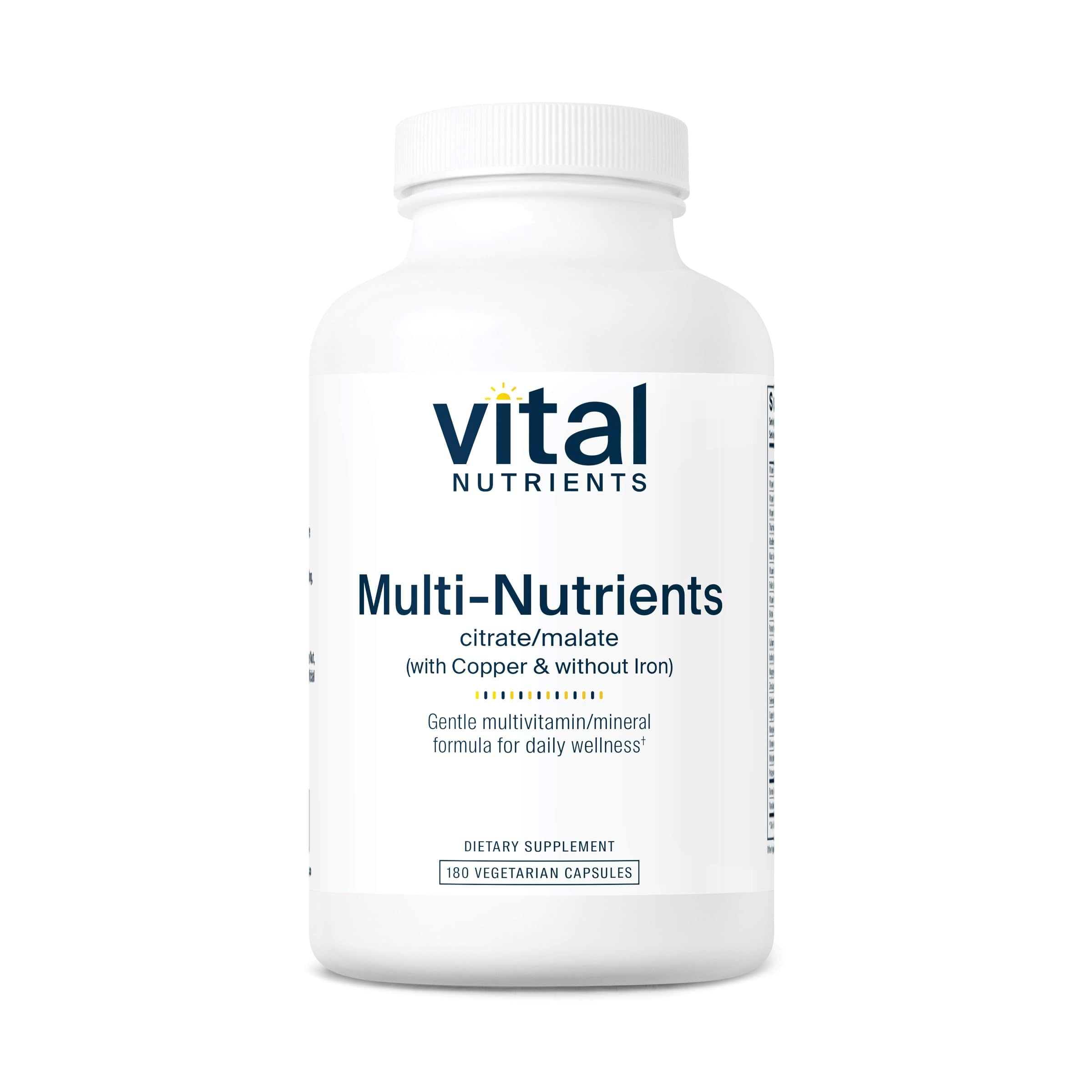Vital Nutrients Multi-Nutrients 2 bottle showcases copper-forward, iron-free formula for daily wellness.