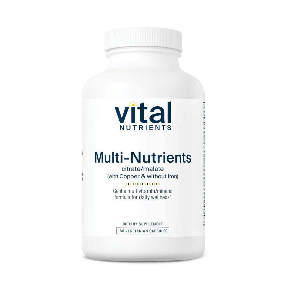 Vital Nutrients Multi-Nutrients 2 bottle showcases copper-forward, iron-free formula for daily wellness.