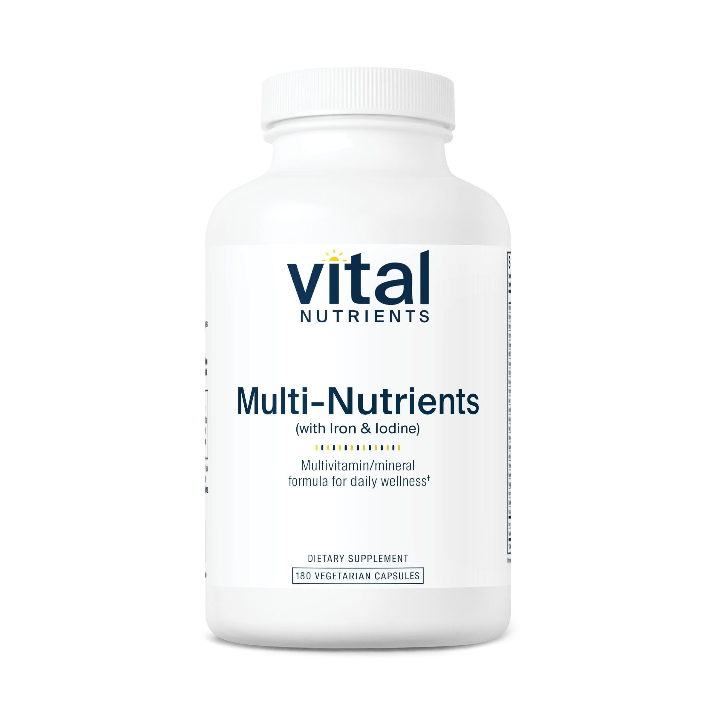 Vital Nutrients Multi-Nutrients with Iron and Iodine bottle with easy-to-swallow capsules for daily wellness.