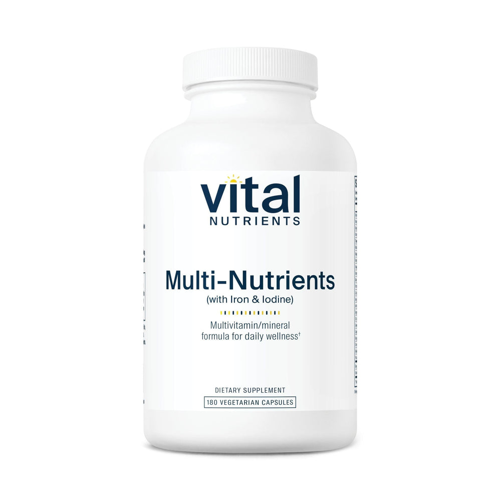 Vital Nutrients Multi-Nutrients with Iron and Iodine bottle with easy-to-swallow capsules for daily wellness.