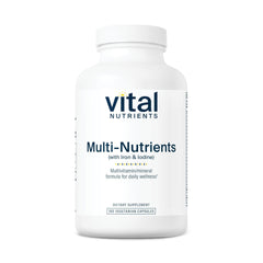 Vital Nutrients Multi-Nutrients with Iron and Iodine bottle with easy-to-swallow capsules for daily wellness.
