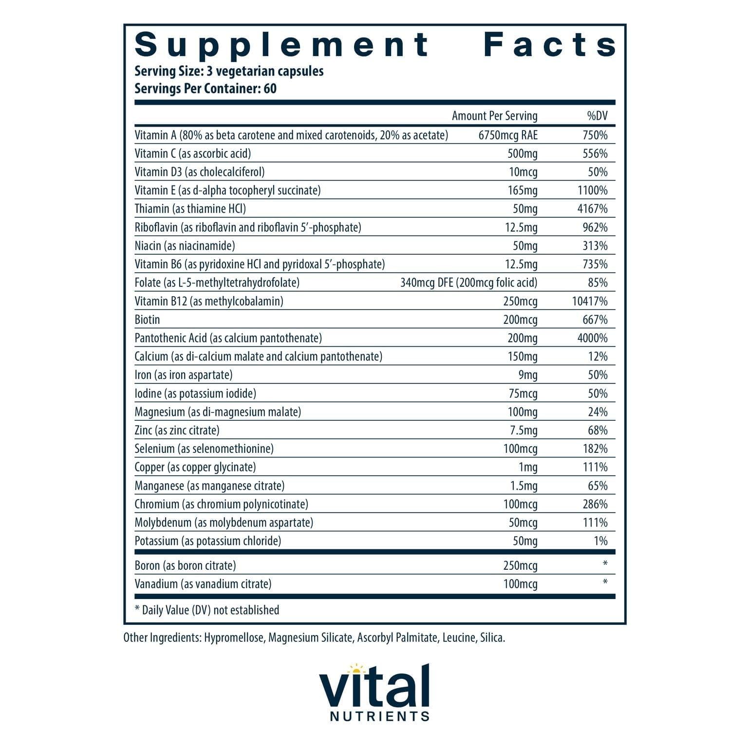 Vital Nutrients Multi-Nutrients capsules resting in a clean bottle for daily support and absorption.