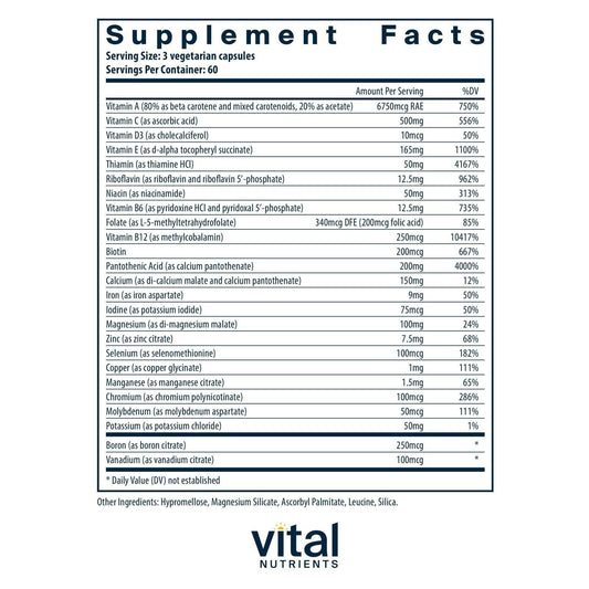 Vital Nutrients Multi-Nutrients capsules resting in a clean bottle for daily support and absorption.