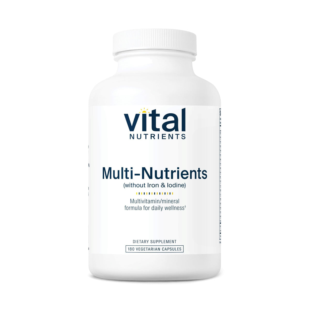 Vital Nutrients Multi-Nutrients bottle, no iron or iodine, supports daily wellness.