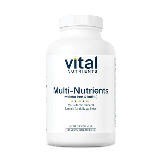 Vital Nutrients Multi-Nutrients bottle, no iron or iodine, supports daily wellness.