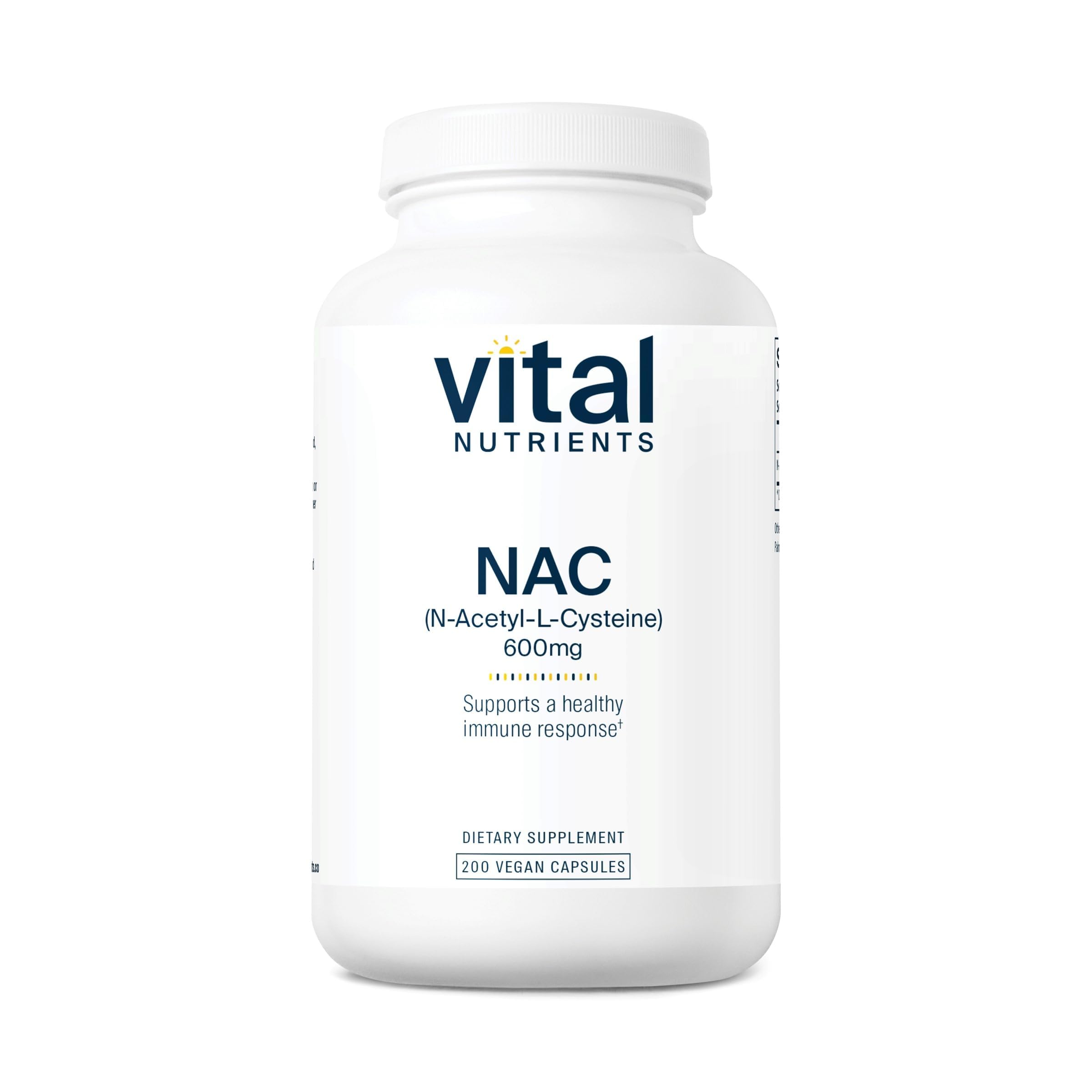 Vital Nutrients NAC 600mg bottle shown with vegan formula suitable for daily wellness.