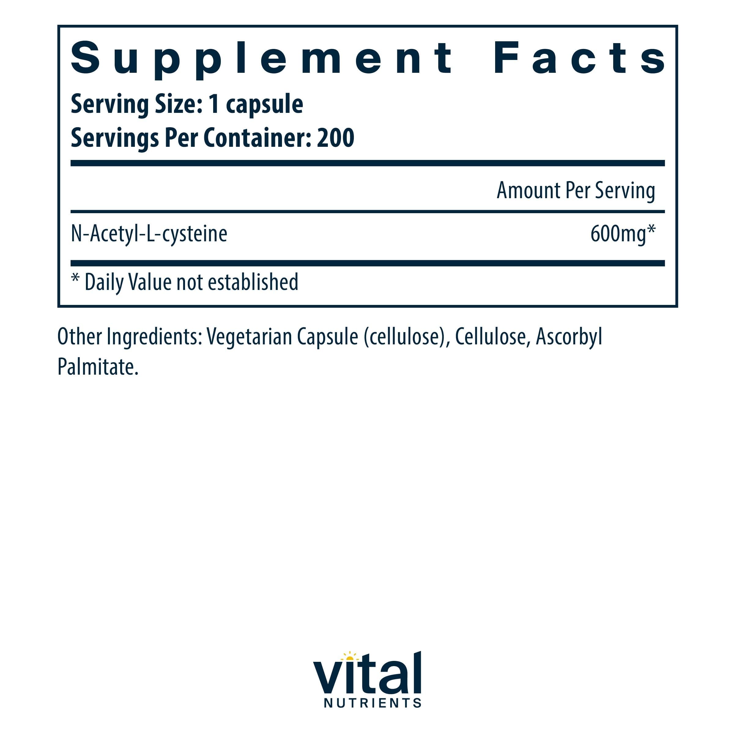Vital Nutrients NAC 600mg capsules ready for easy daily antioxidant support.