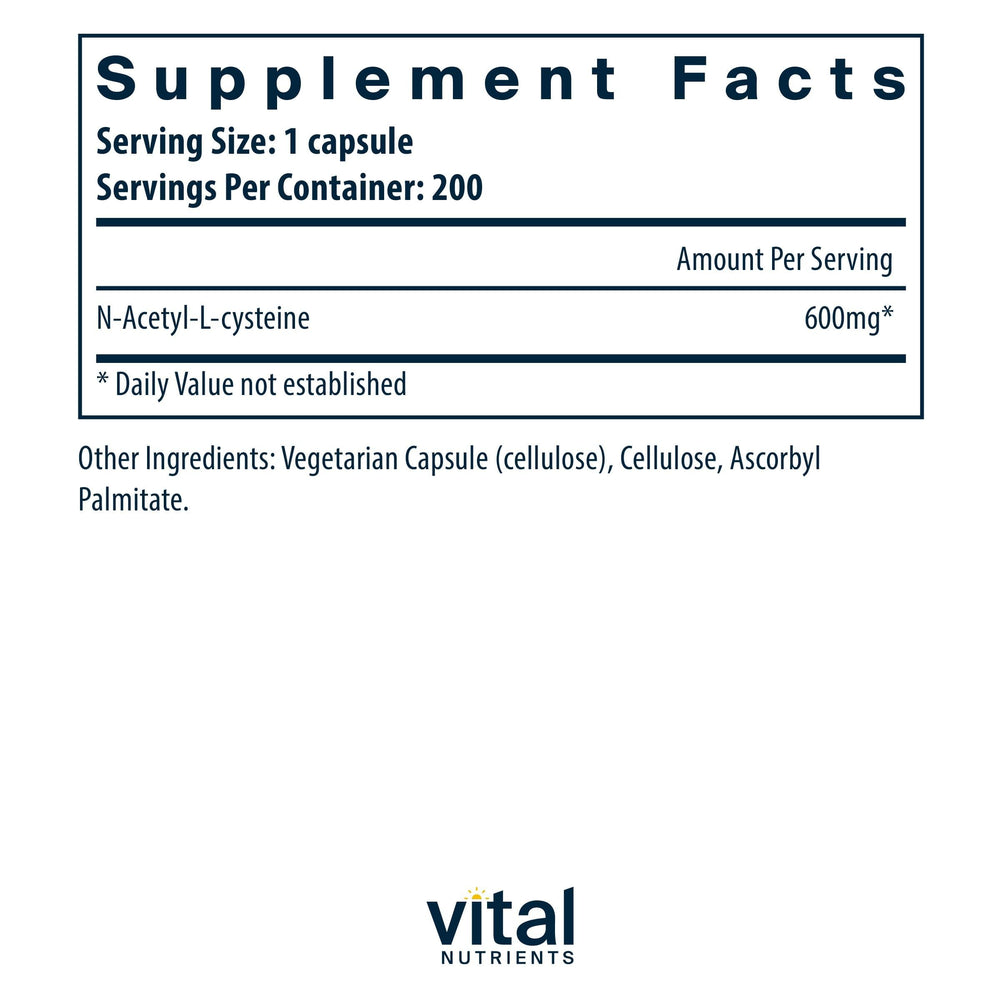 Vital Nutrients NAC 600mg capsules ready for easy daily antioxidant support.