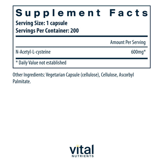 Vital Nutrients NAC 600mg capsules ready for easy daily antioxidant support.