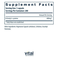 Vital Nutrients NAC 600mg capsules ready for easy daily antioxidant support.