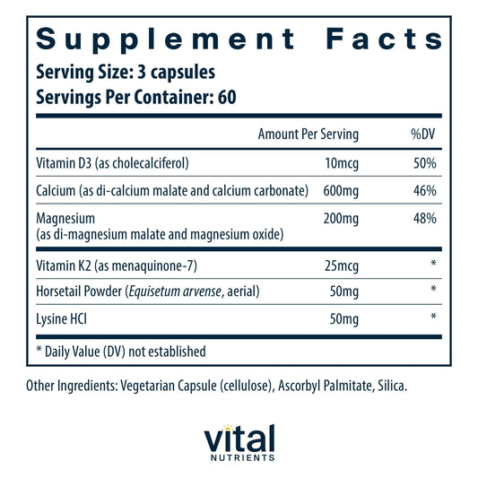 Vital Nutrients Osteo-Nutrients capsules closeup shows vegan formula