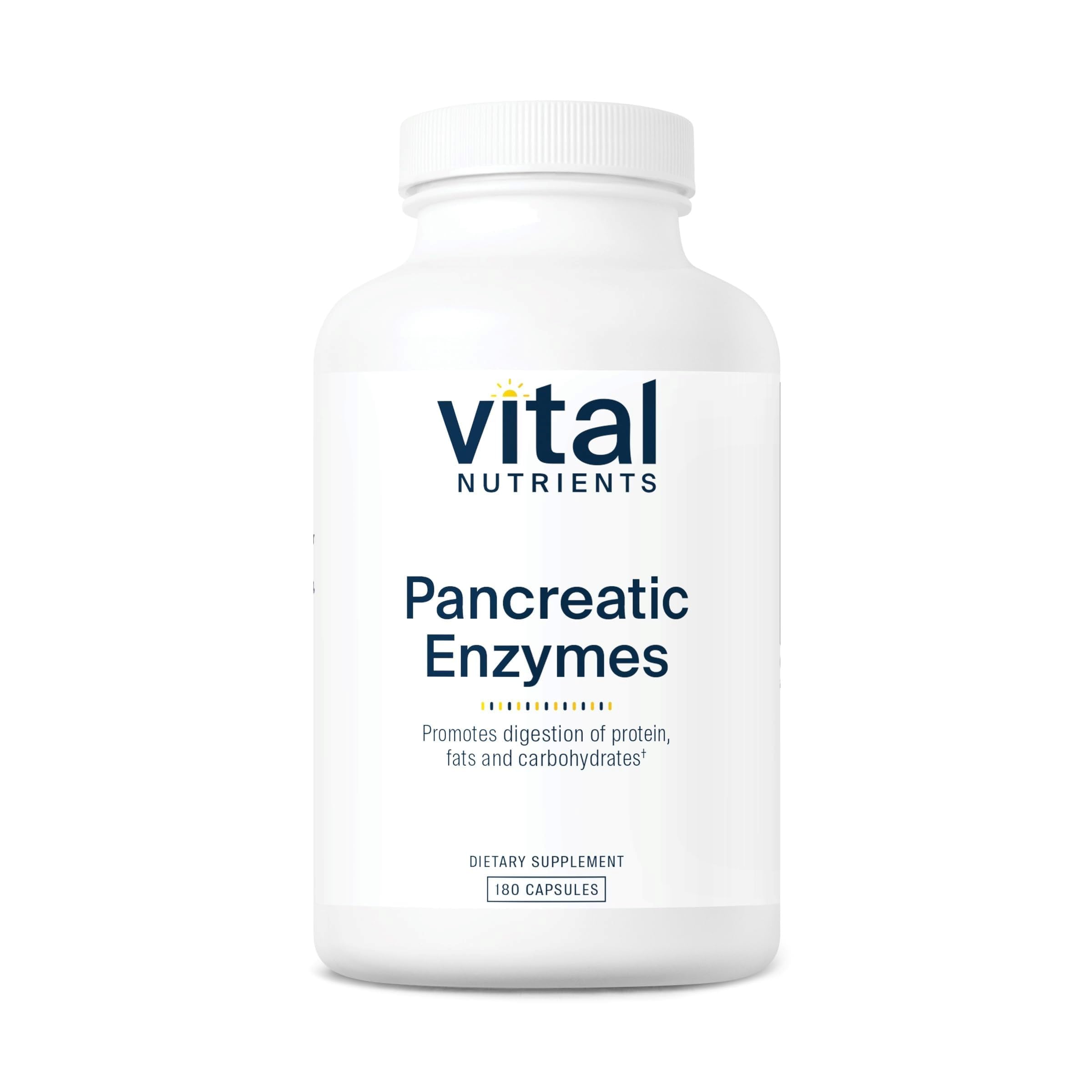 Vital Nutrients Pancreatic Enzymes 1000mg bottle, digestion support for meals.