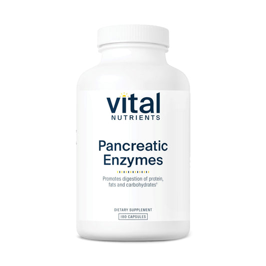 Vital Nutrients Pancreatic Enzymes 1000mg bottle, digestion support for meals.