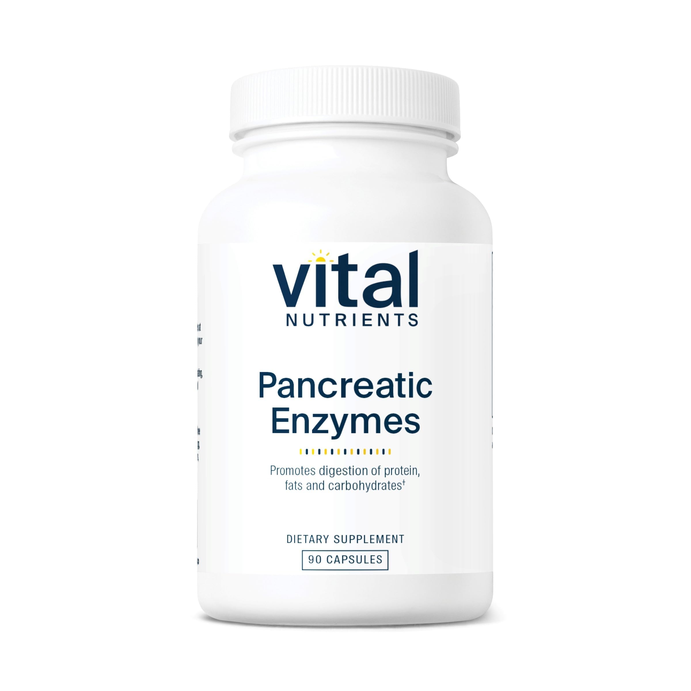 Vital Nutrients pancreatic enzymes capsules in bottle for digestion after meals