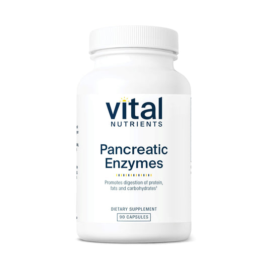 Vital Nutrients pancreatic enzymes capsules in bottle for digestion after meals