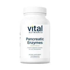 Vital Nutrients pancreatic enzymes capsules in bottle for digestion after meals